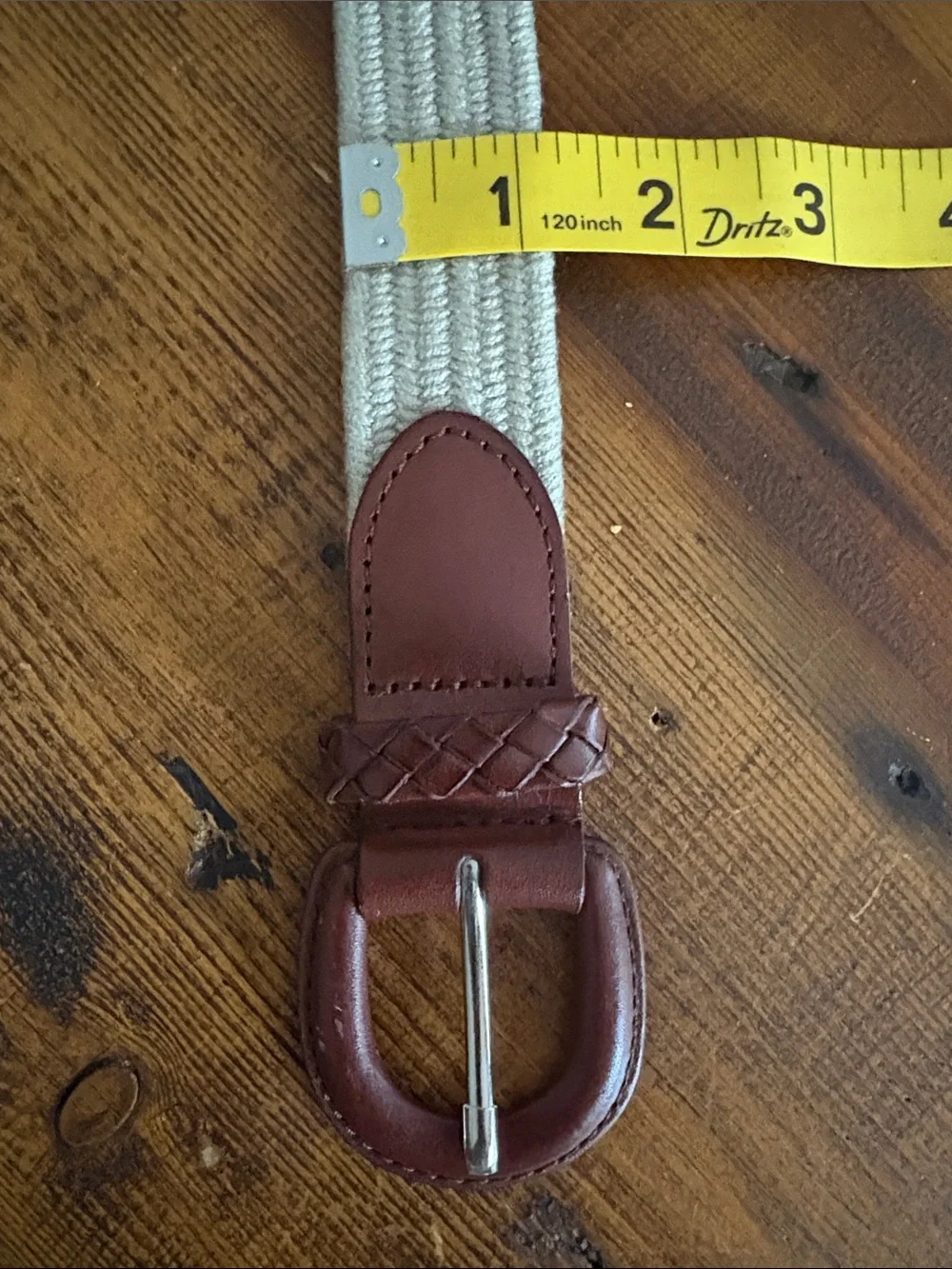 Talbots Vintage Leather Trim  Woven Stretch Khaki Tan Belt Sz L